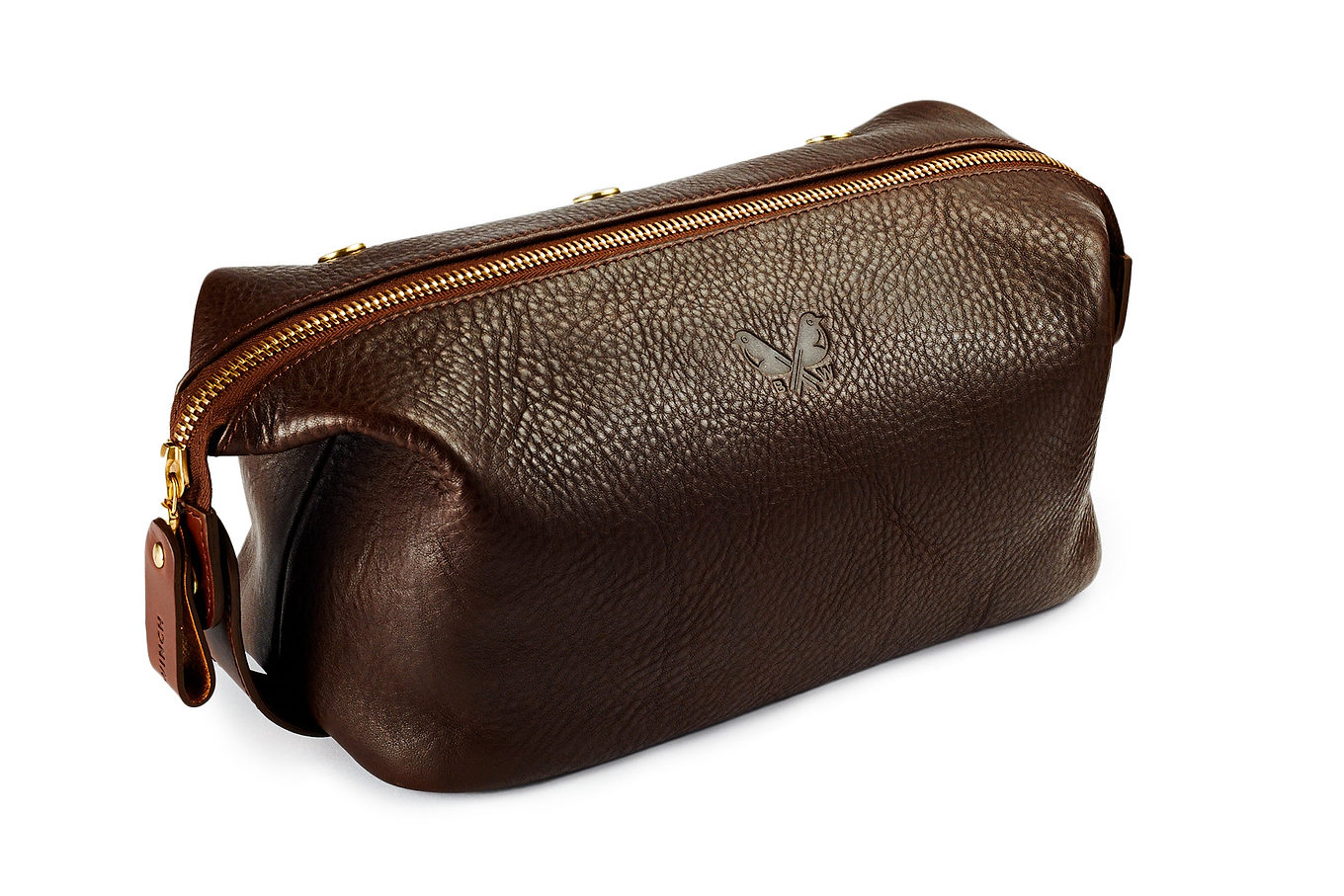 side view of brown leather dopp kit