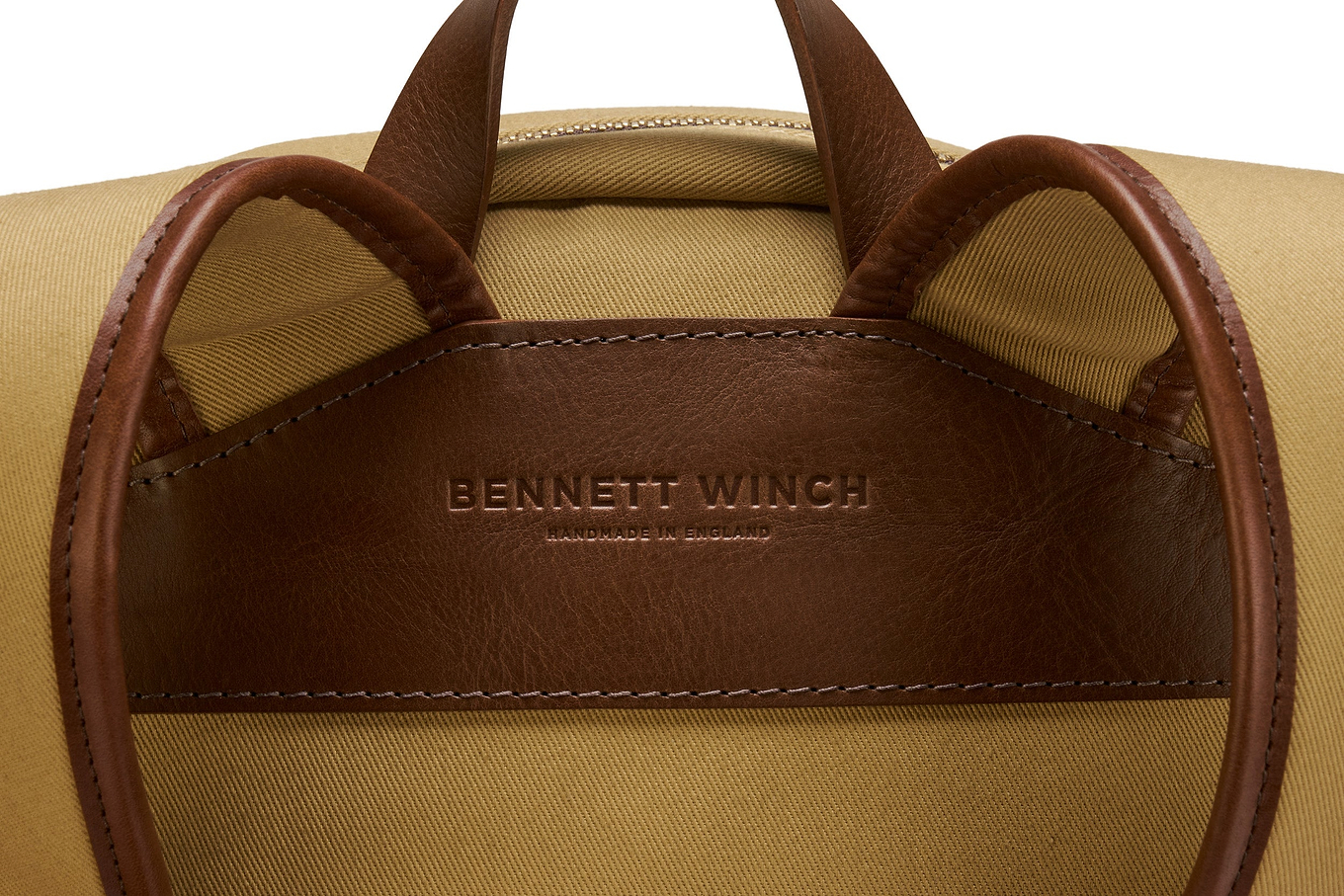the Bennett Winch branding on the leather on the backside of the backpack 
