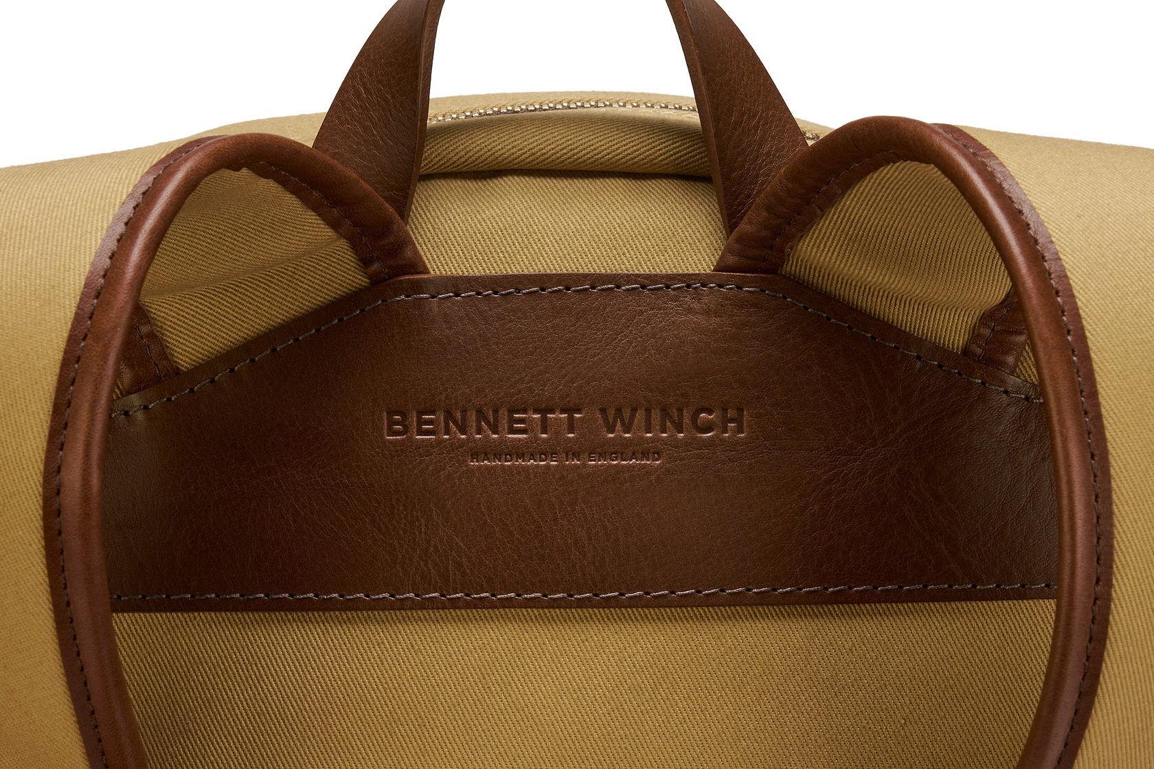 the Bennett Winch branding on the leather on the backside of the backpack 