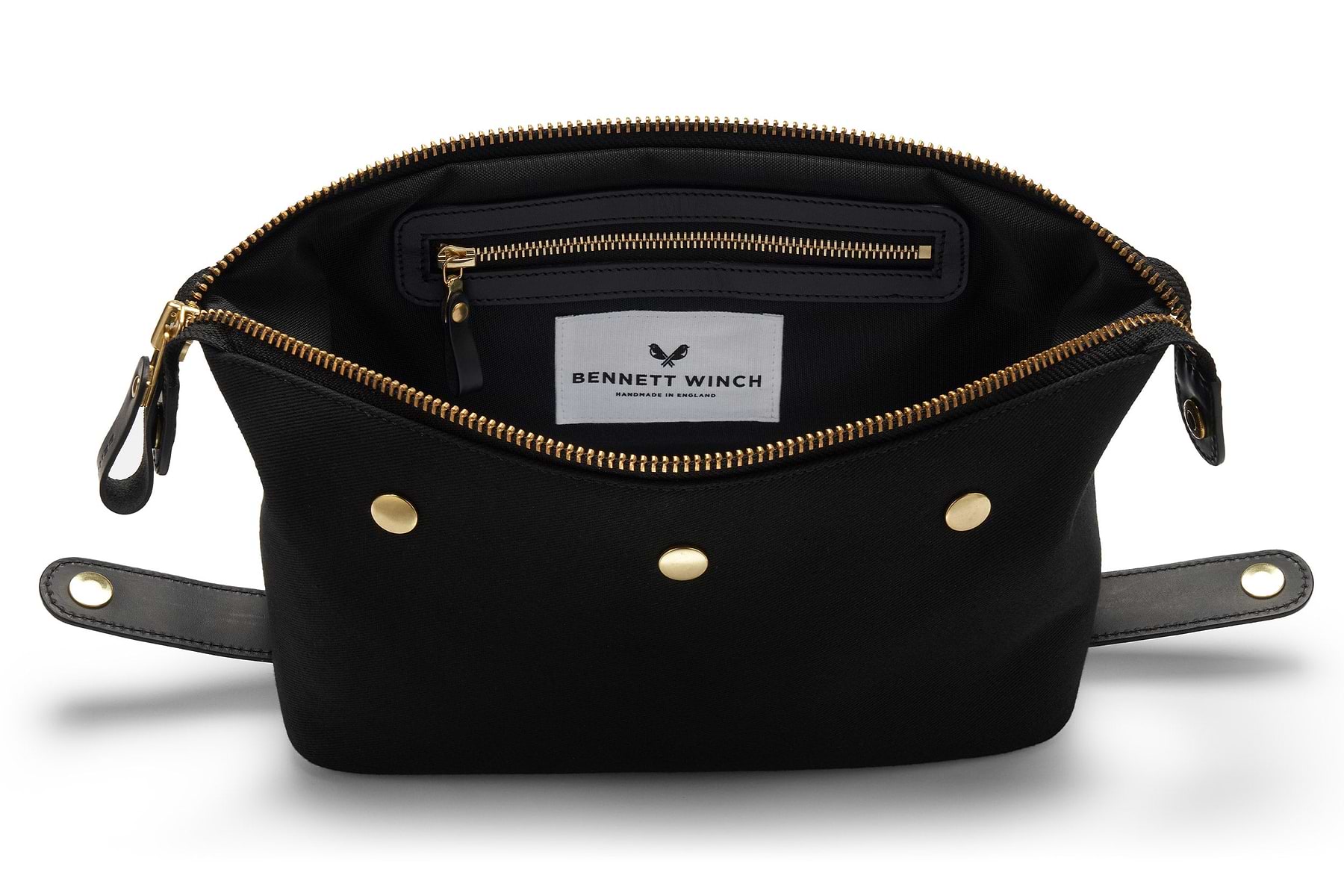 black toiletry bag with zipper inside 