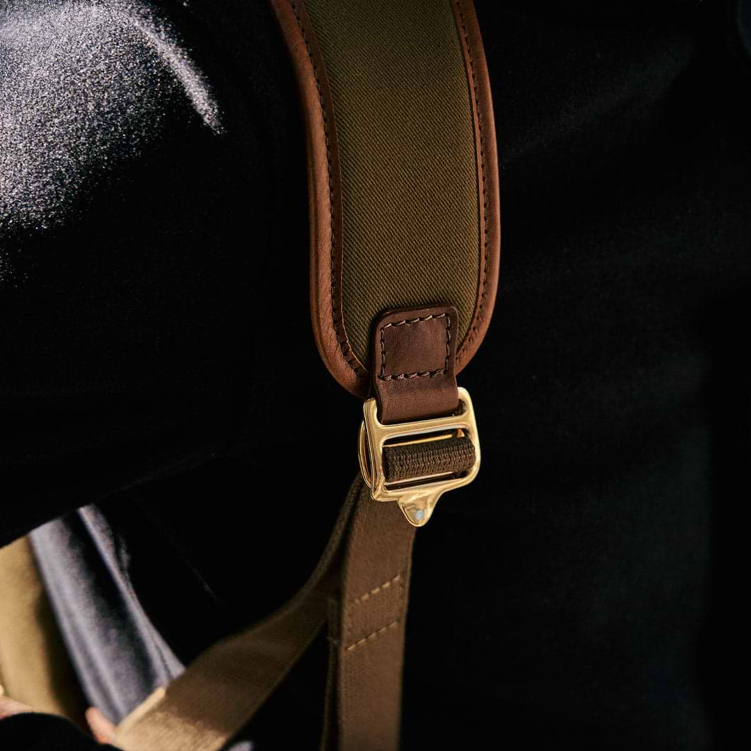 close up of quality buckle on luxury backpack 
