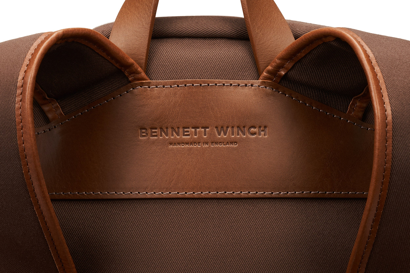the Bennett Winch branding on the leather on the backside of the backpack 
