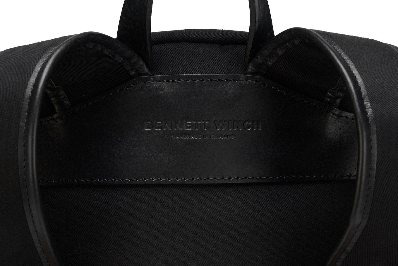 the Bennett Winch branding on the leather on the backside of the backpack 