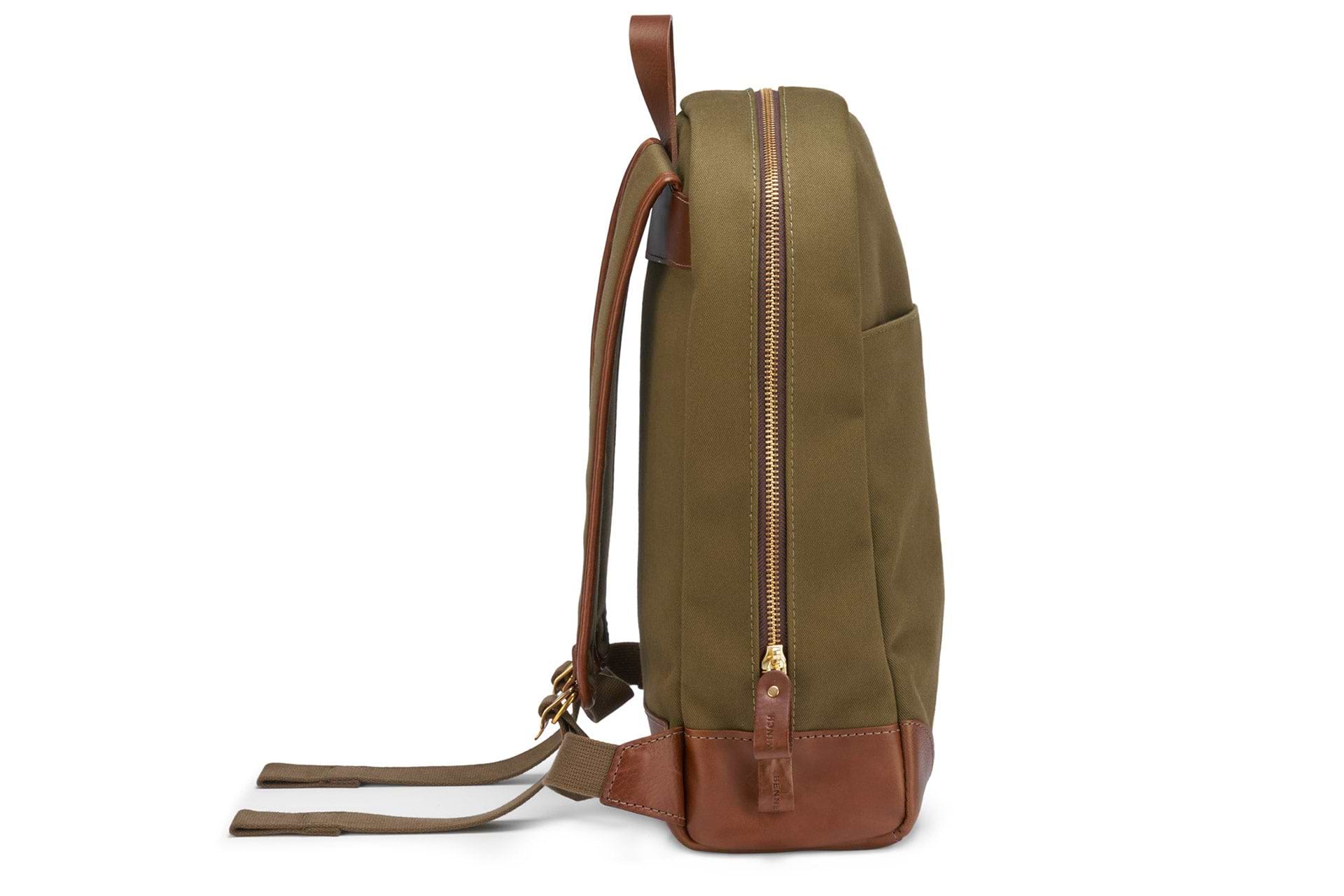 Side view of green sleek mens backpack