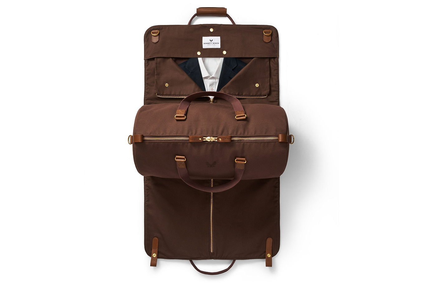 garment bag and duffel bag open view in brown
