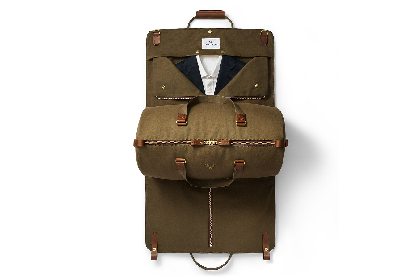 garment bag and duffel bag open view in green
