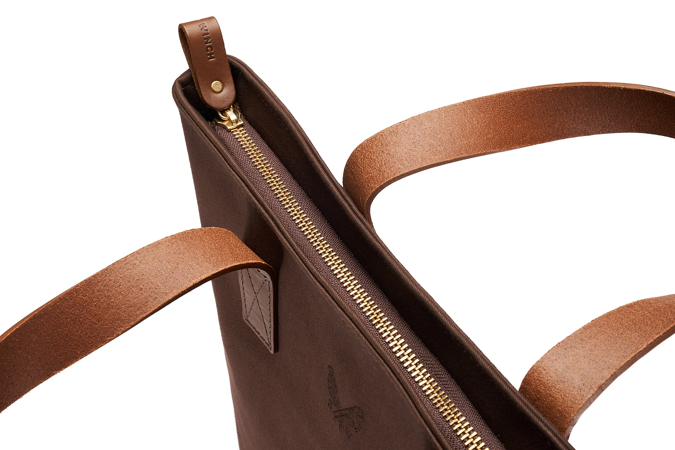 top view of zip top brown canvas tote