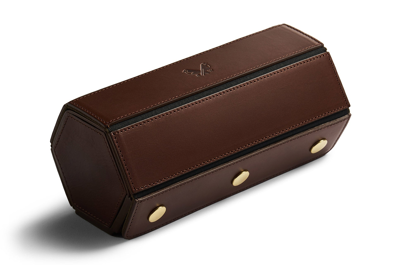 front view of luxury three section brown leather watch roll