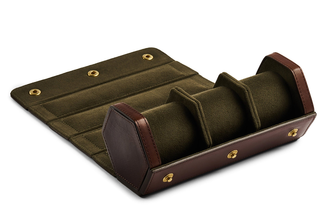 interior view of brown leather watch roll with green suede lining
