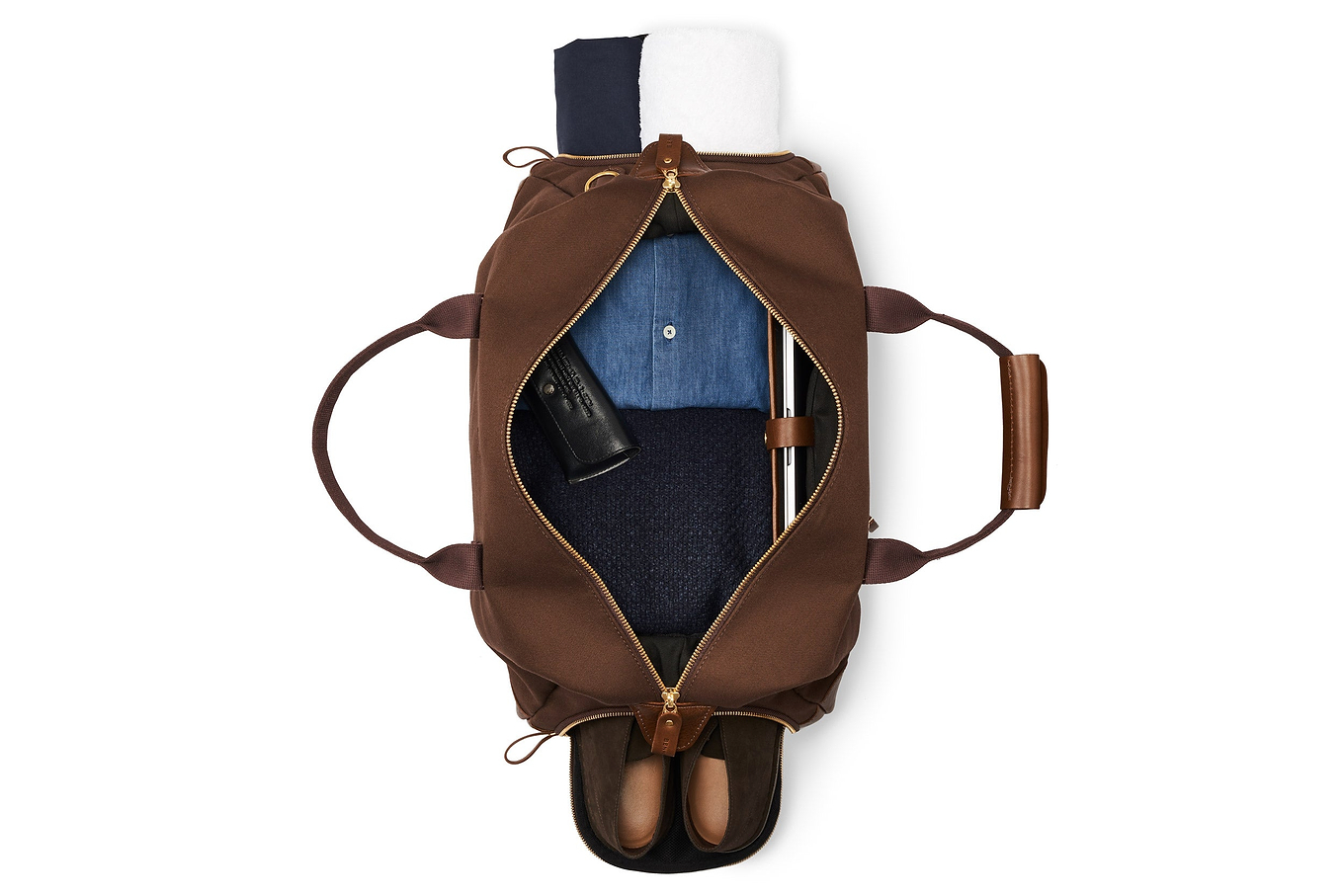 weekender bag open view in brown