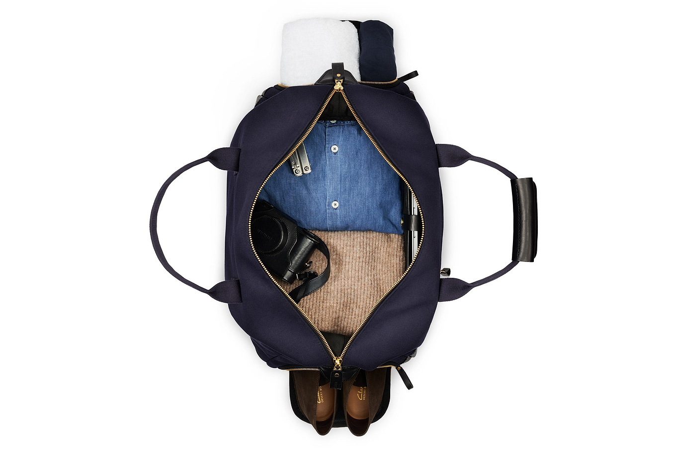 weekender bag open view in navy