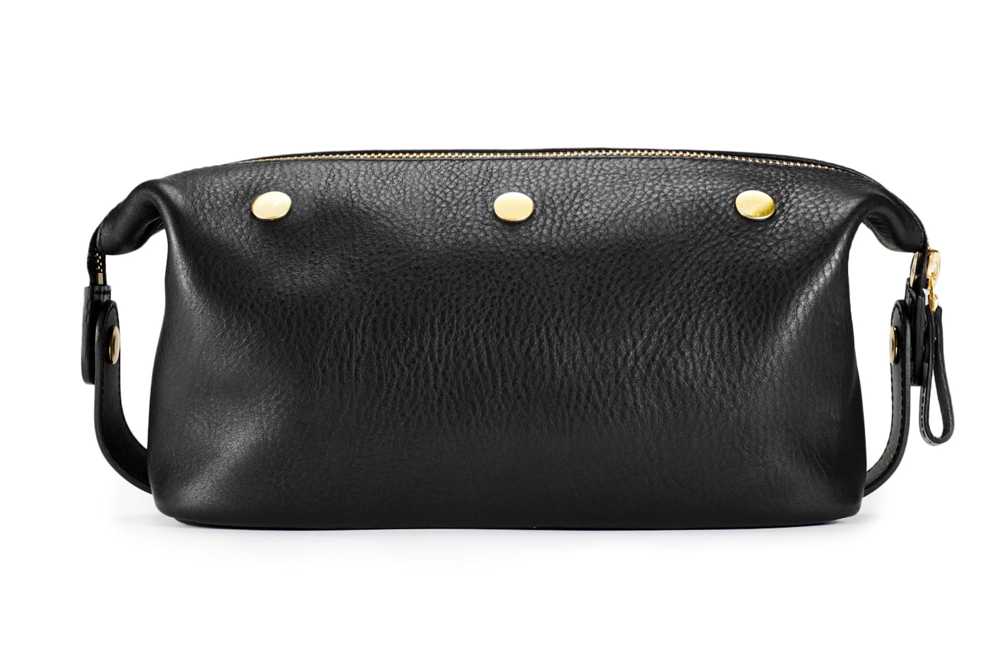 backside of bennett winch black leather wash bag