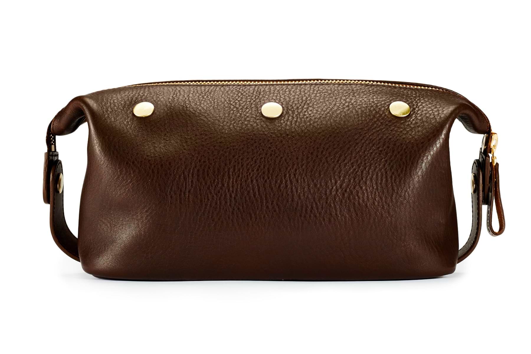 backside of quality brown leather wash bag