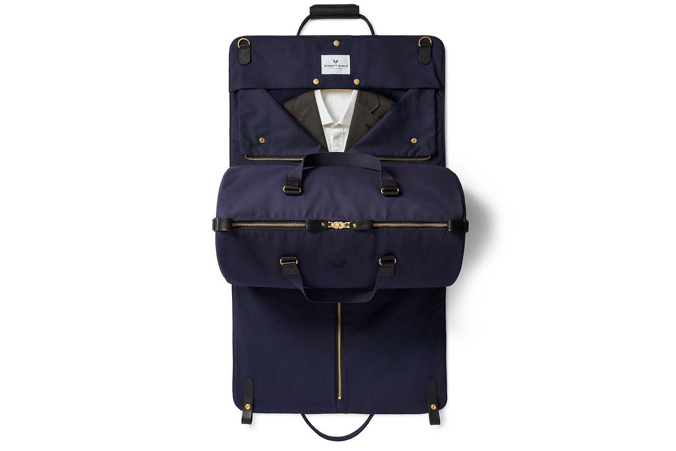garment bag and duffel bag open view in navy