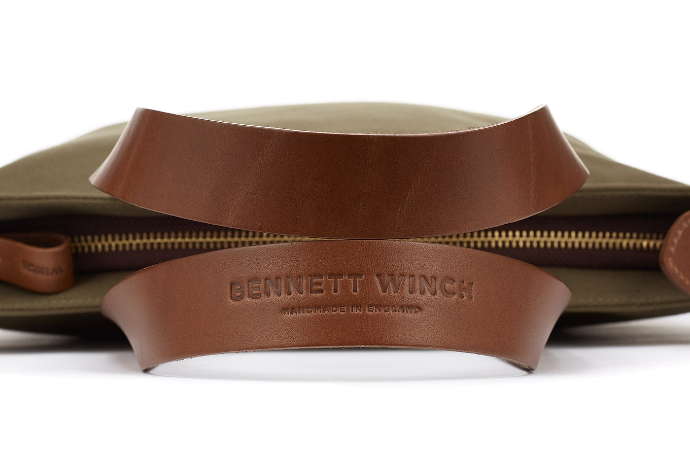 Bennett Winch name pressed into the leather handle of the tote 