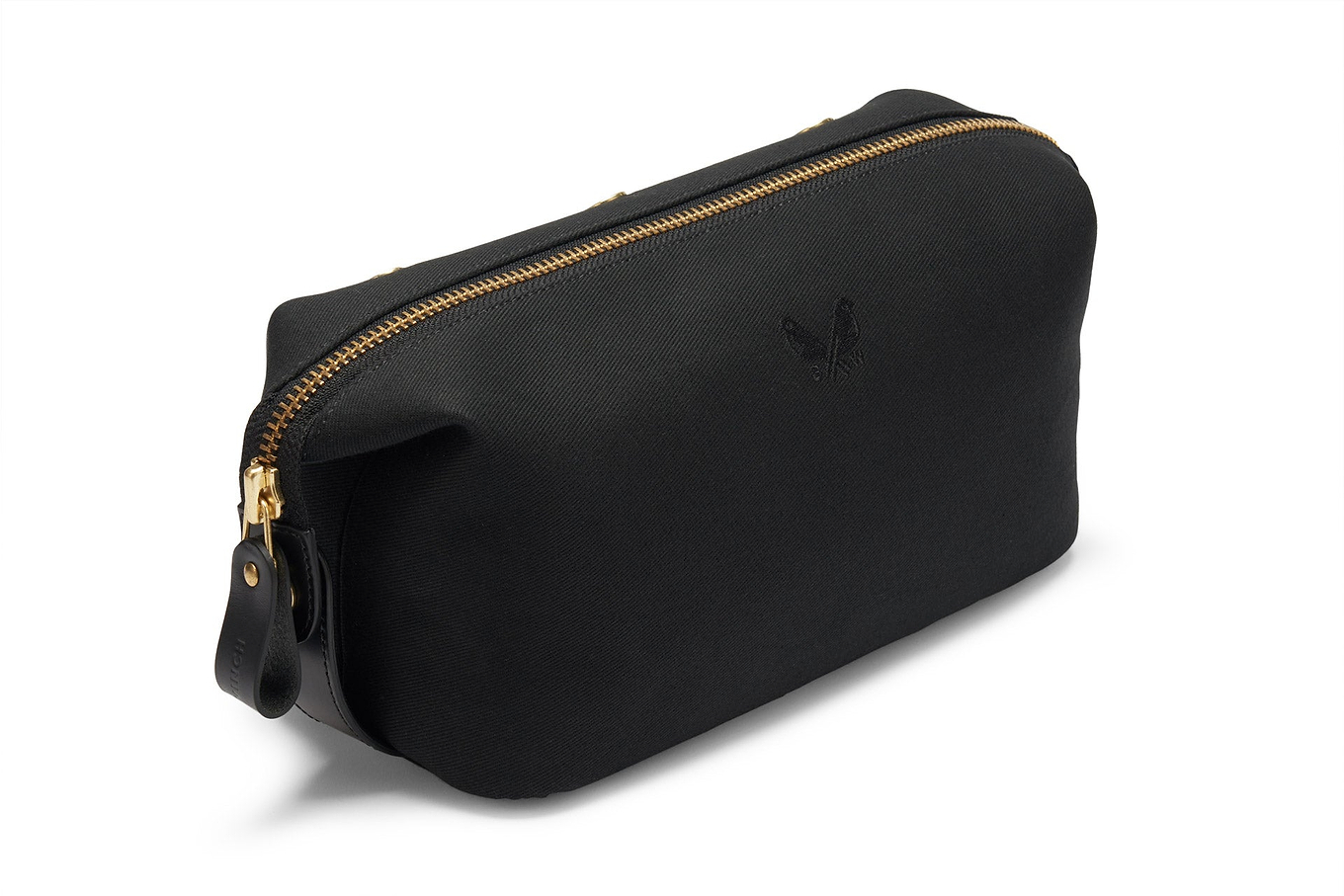 side view of black canvas wash bag