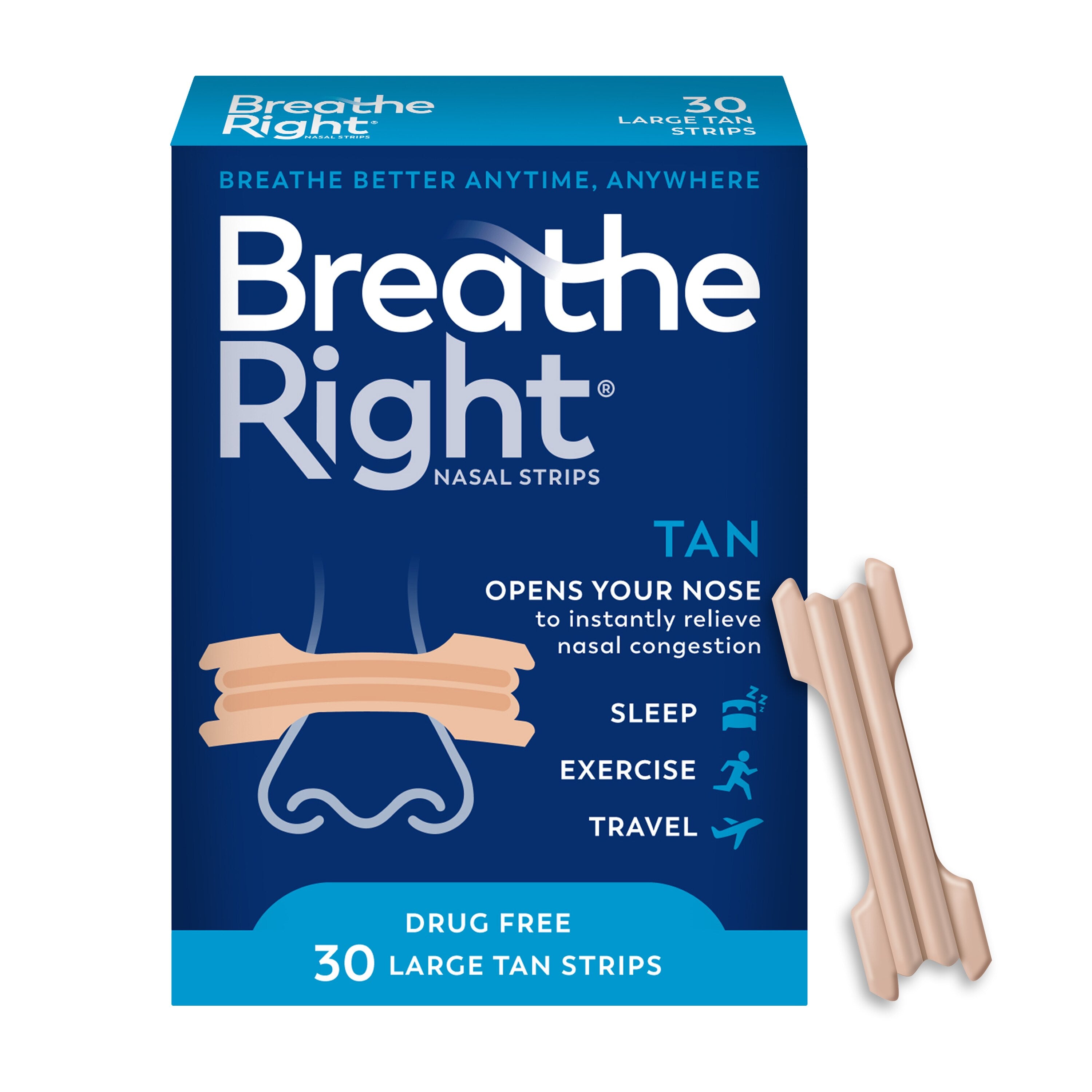 Breathe Right nasal strip product box for nighttime breathing relief