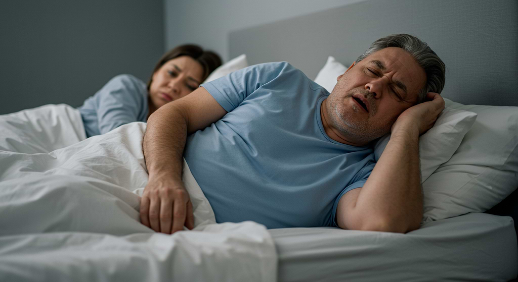 photo of a person snoring in their bed