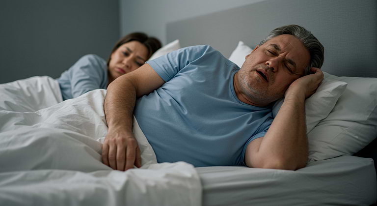 photo of a person snoring in their bed