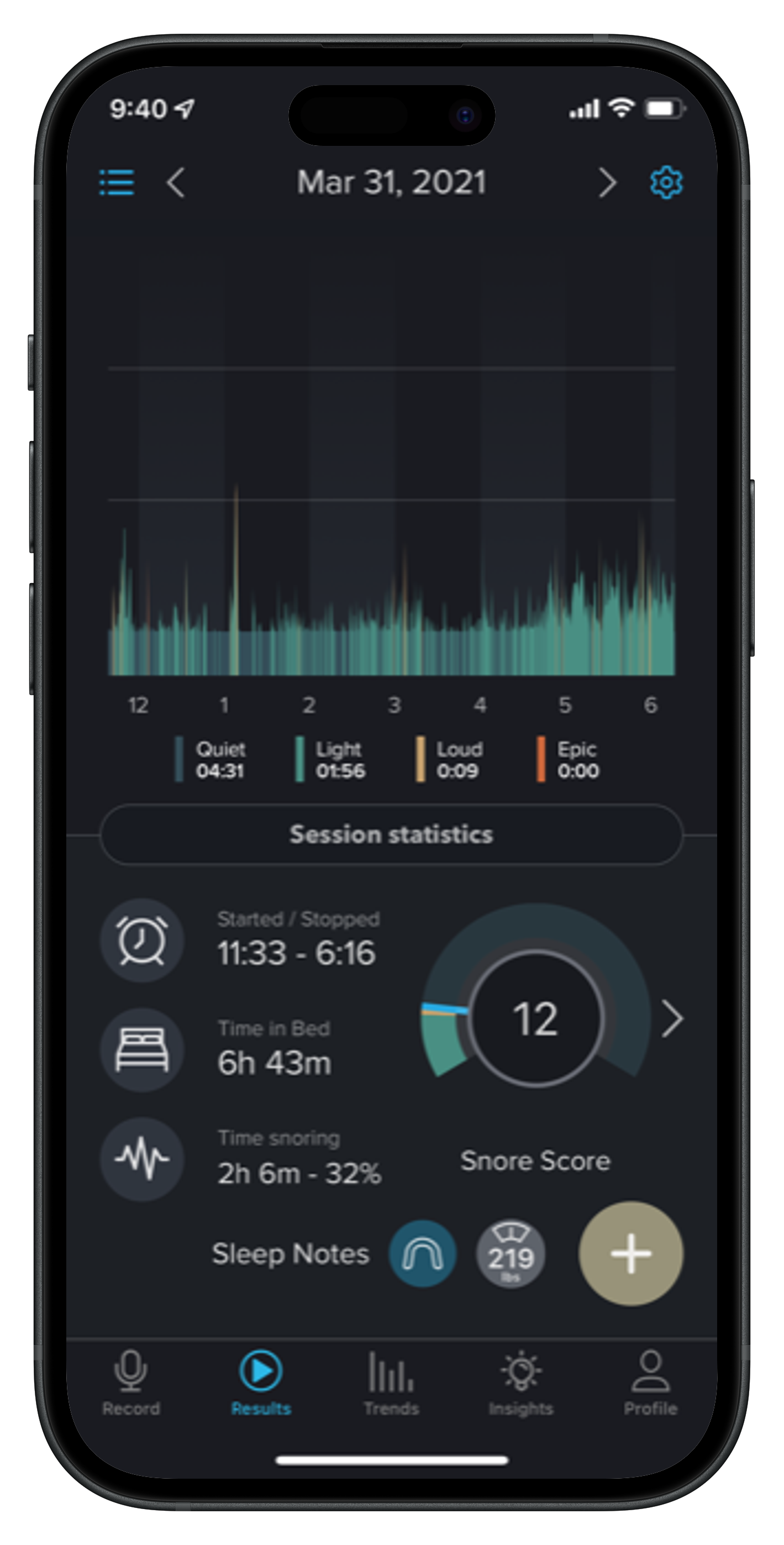 SnoreLab app results showing reduced snoring with lower snore score and calmer graph after using a snoring mouthpiece, highlighting improved sleep quality on smartphone screen