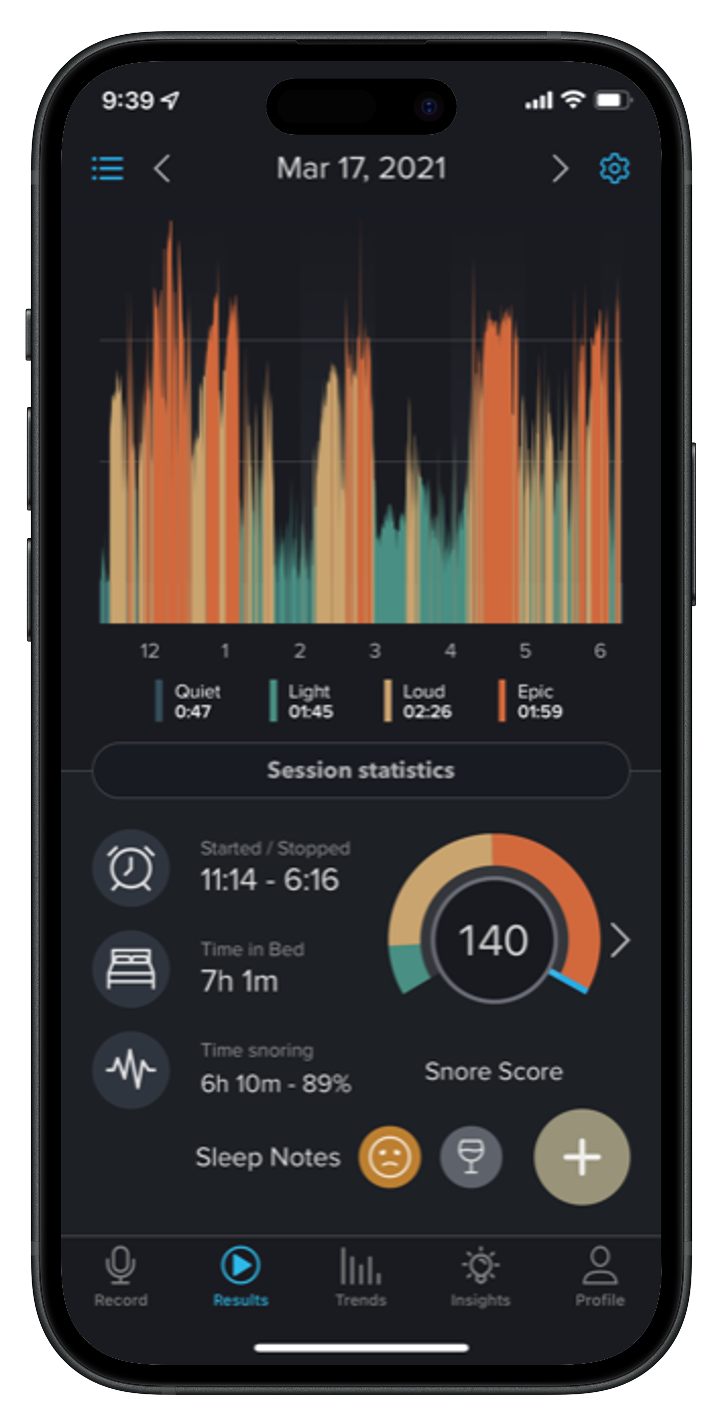 SnoreLab app showing loud snoring spikes and high snore score before using a snoring mouthpiece, highlighting severe snoring levels and disrupted sleep data on smartphone screen
