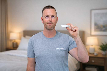 MAN holding snore guard mouthpiece for teeth and snoring relief