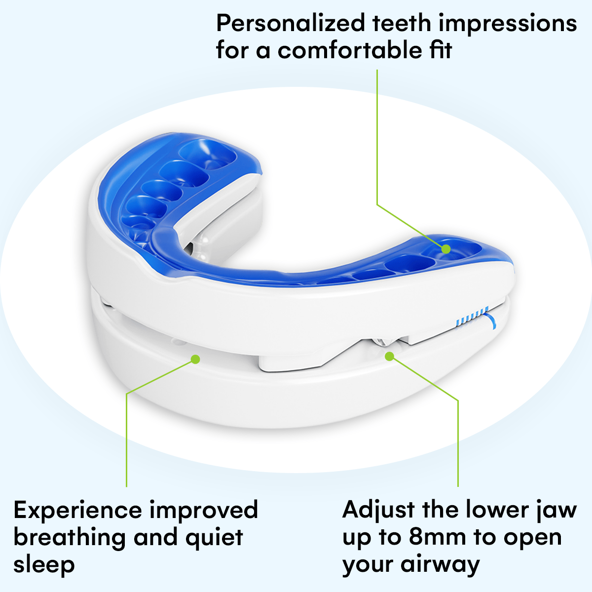 Adjustable jaw-positioning mouthpiece for snoring