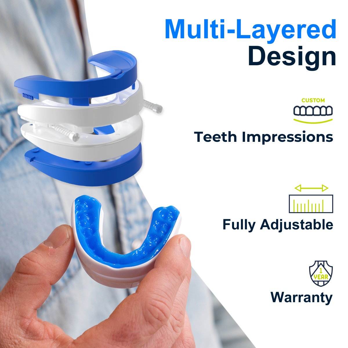 Multi layered design of VitalSleep mouthpiece offering enhanced comfort and customizable adjustments