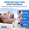advertisement showing a man using a device to stop snoring with text and icons about benefits.