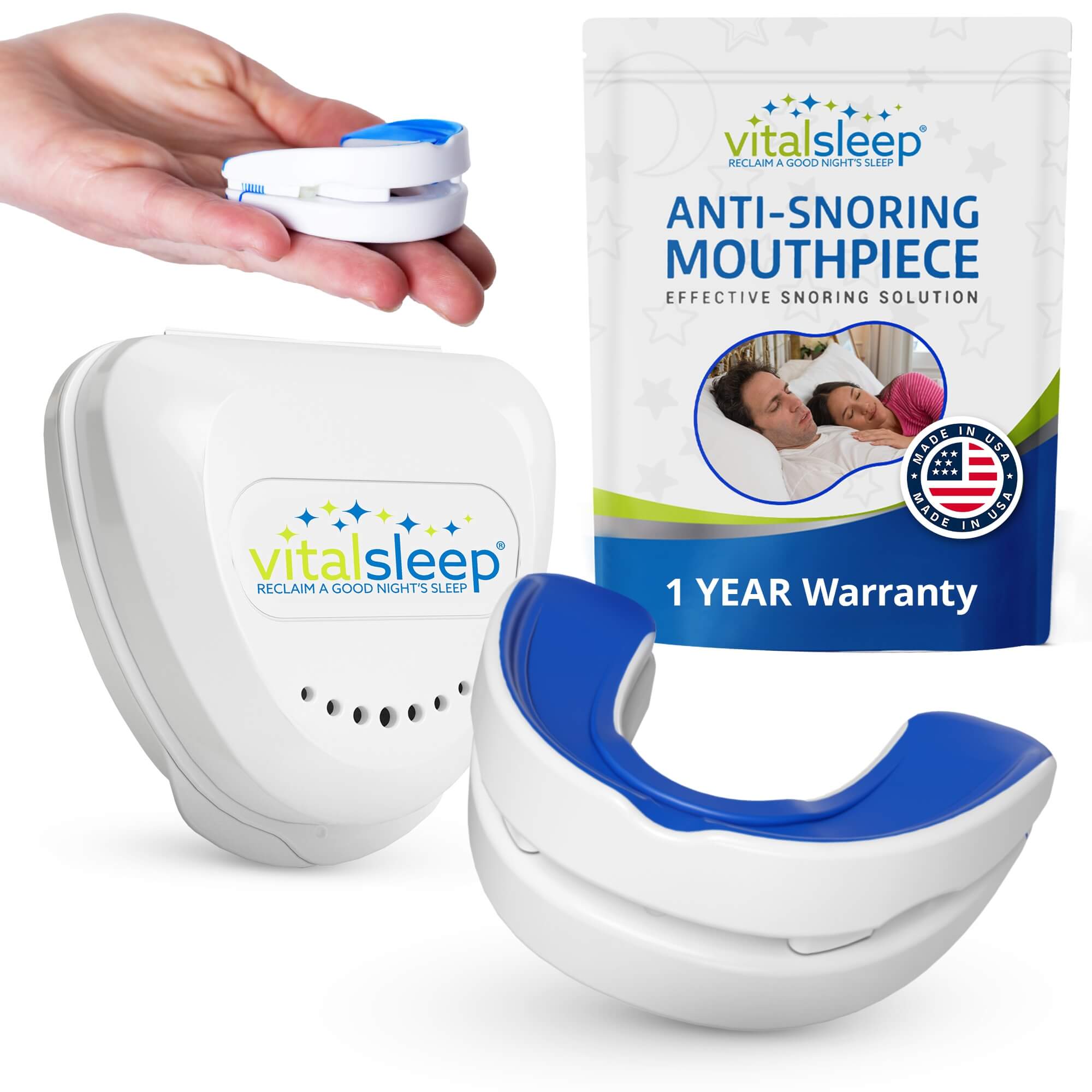 Vitalsleep anti-snoring mouthpiece with packaging on a white background