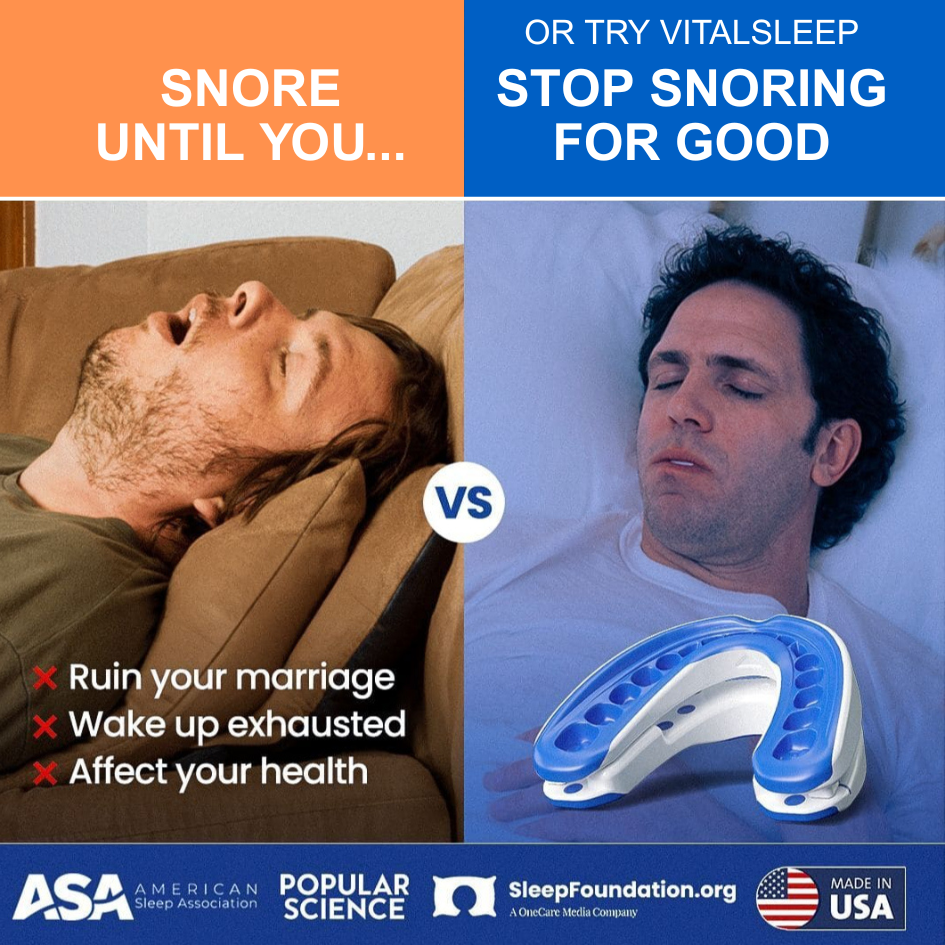 man snoring without vitalsleep and man sleeping well with snoring device