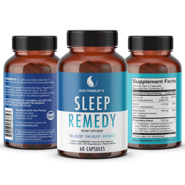 Doc Parsley’s Sleep Remedy Capsules with Magnesium, GABA, and Melatonin for natural deep sleep and morning refreshment.