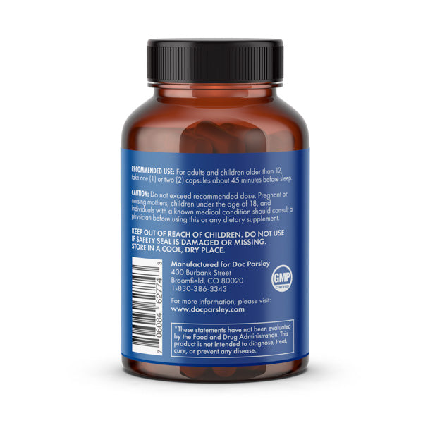 Doc Parsley Sleep Remedy Capsules promoting natural sleep, relaxation, and refreshed mornings.
