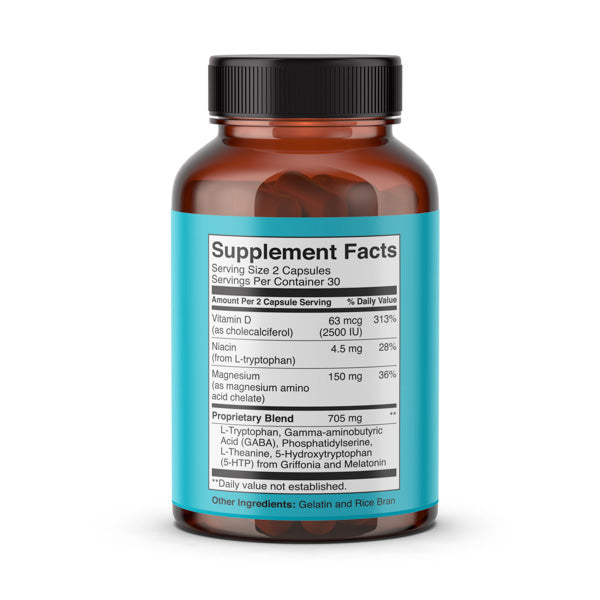 Doctor-formulated sleep capsules featuring L-Theanine and Melatonin for improved rest quality ingredients label.