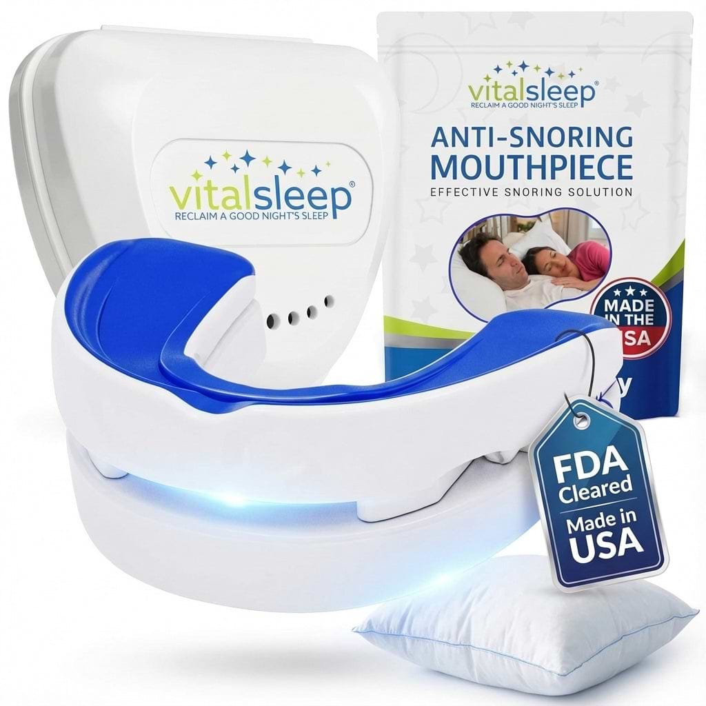 VitalSleep anti-snoring device with packaging and FDA clearance tag on a white background