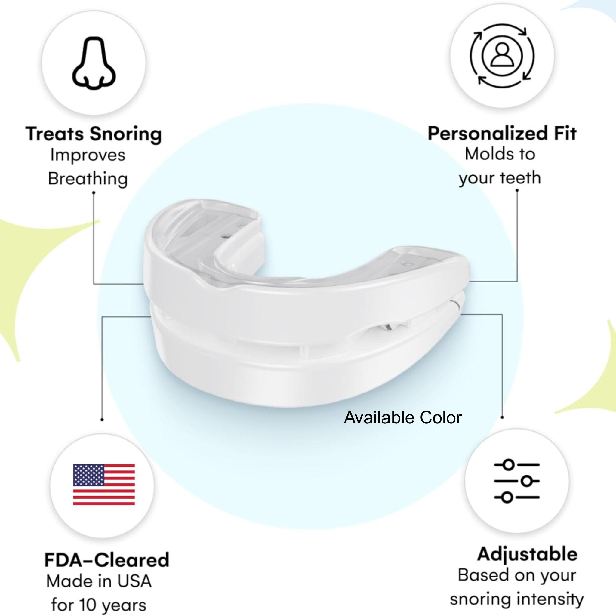 White snoring dental device with features listed on a light blue background