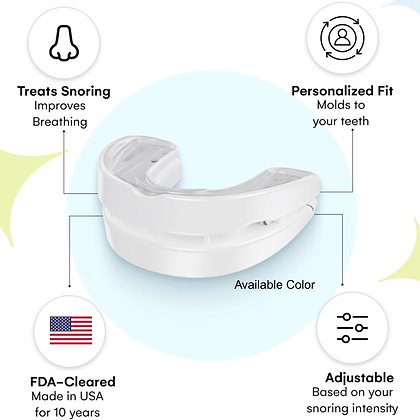 White snoring dental device with features listed on a light blue background