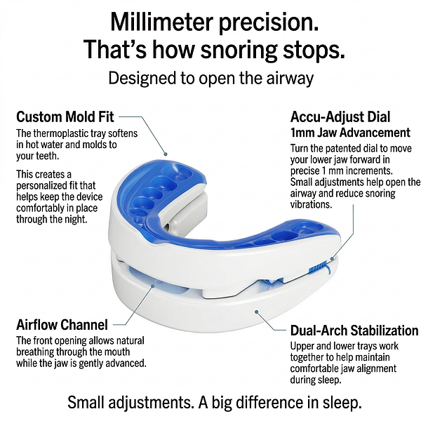 Snoring device with labeled features on a white background