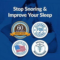 Product advertisement with text 'Stop Snoring & Improve Your Sleep' on a blue background.