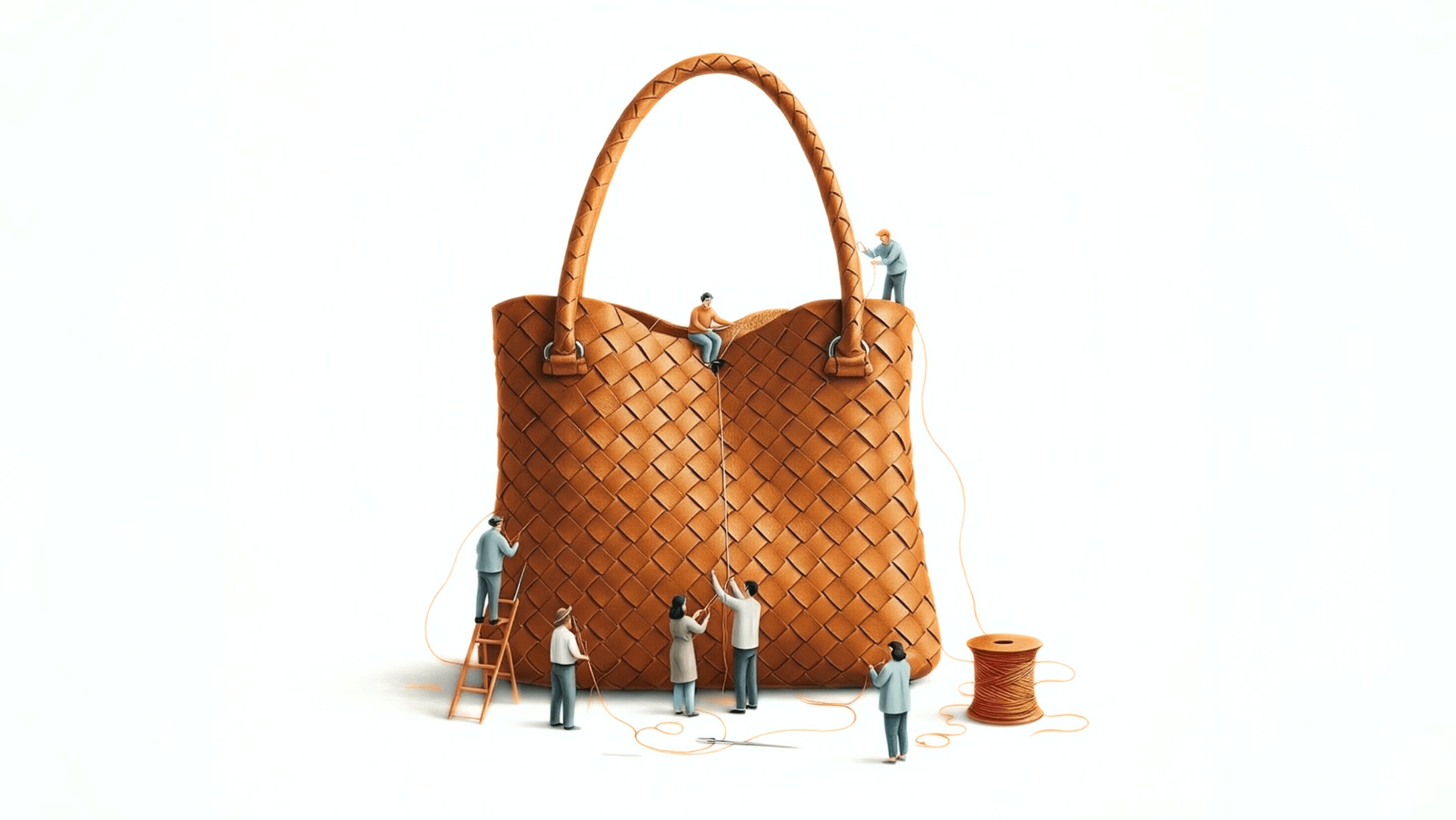 Bottega Veneta brown bag with tiny figures sewing the bag