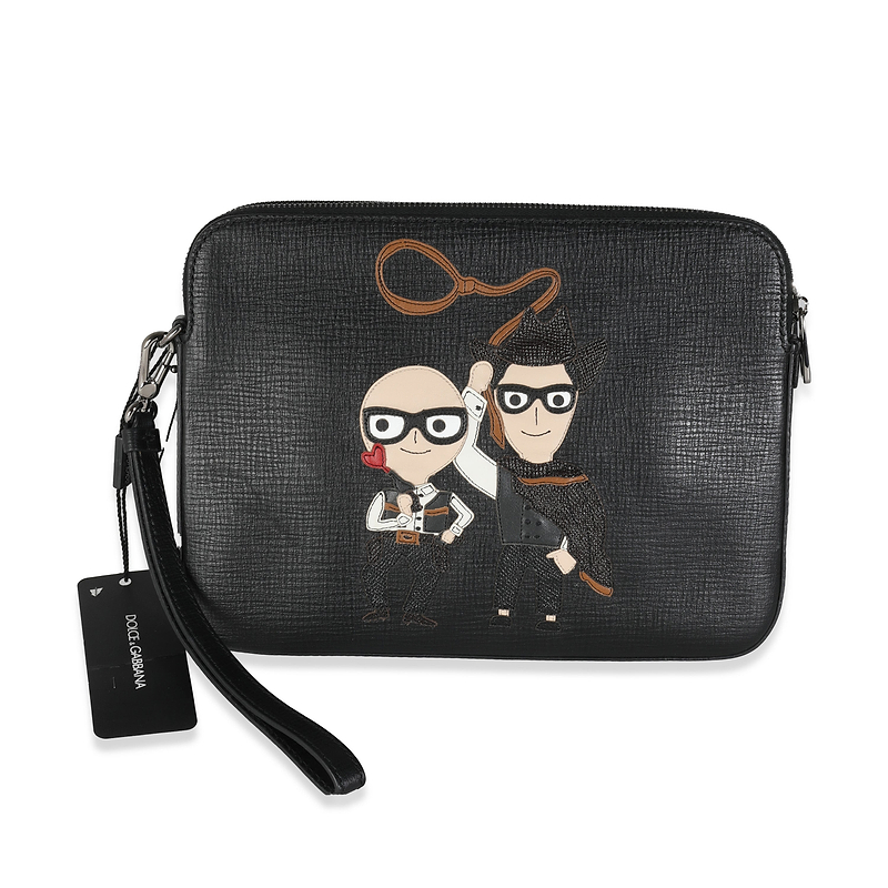 Black Textured Leather Cowboy Men Patch Double Zip Pouch