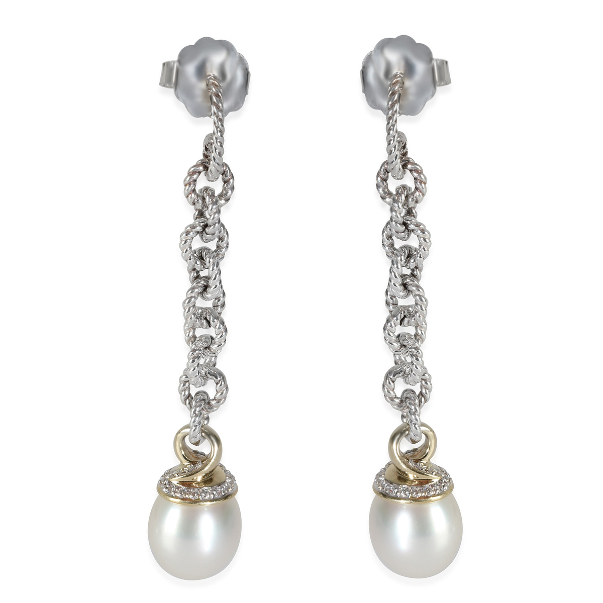 Yellow Gold & Sterling Silver Pearl and Diamond Earrings