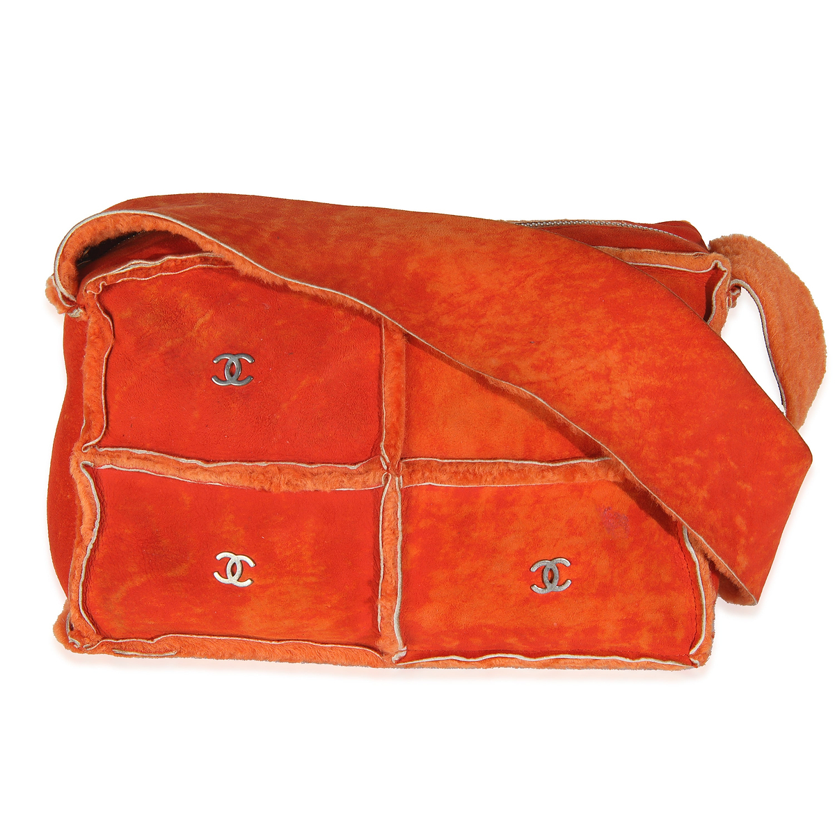 Vintage Orange Suede Shearling CC Logo Messenger