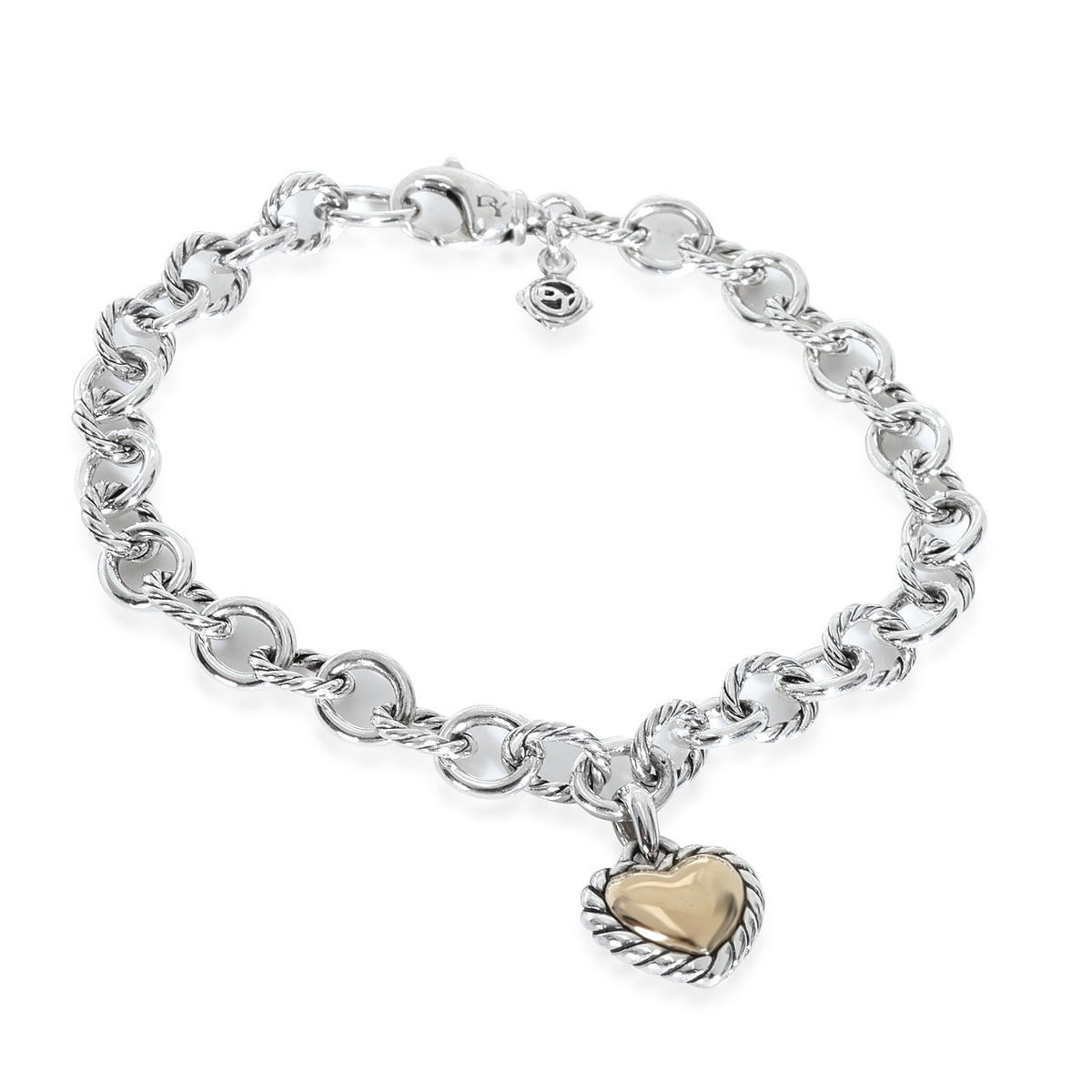 Yellow Gold & Sterling Silver  Cable Heart Charm Bracelet