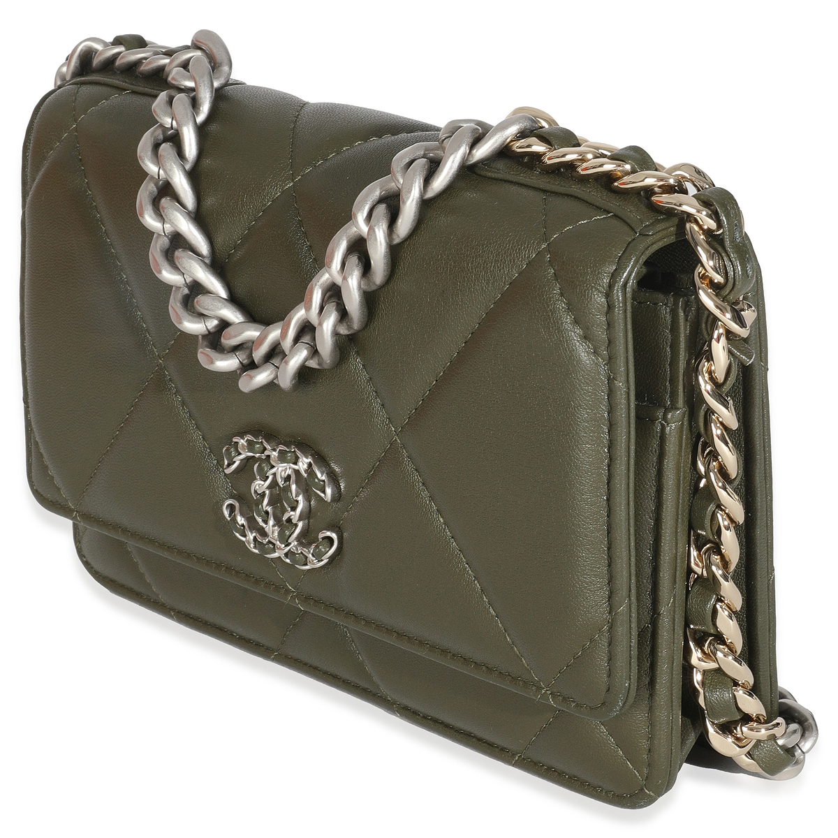 Khaki Quilted Goatskin Chanel 19 Wallet On Chain