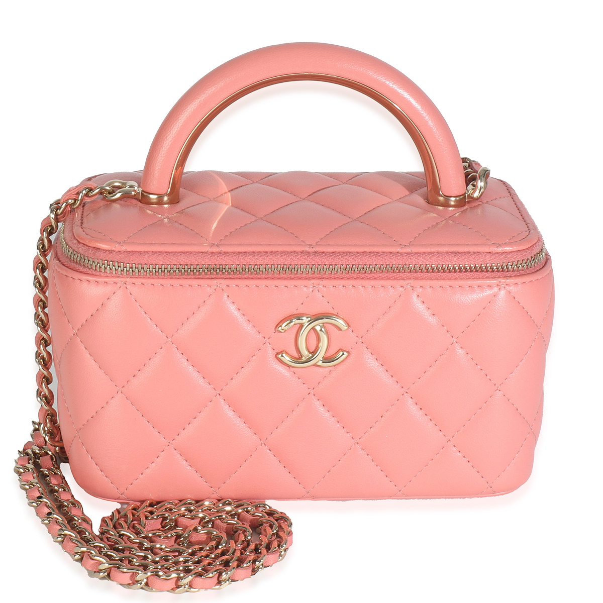 Pink Quilted Lambskin Small Charming Top Handle Vanity Case With Chain