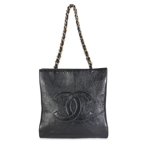 Black Shiny Aged Calfskin North South Shopping Bag