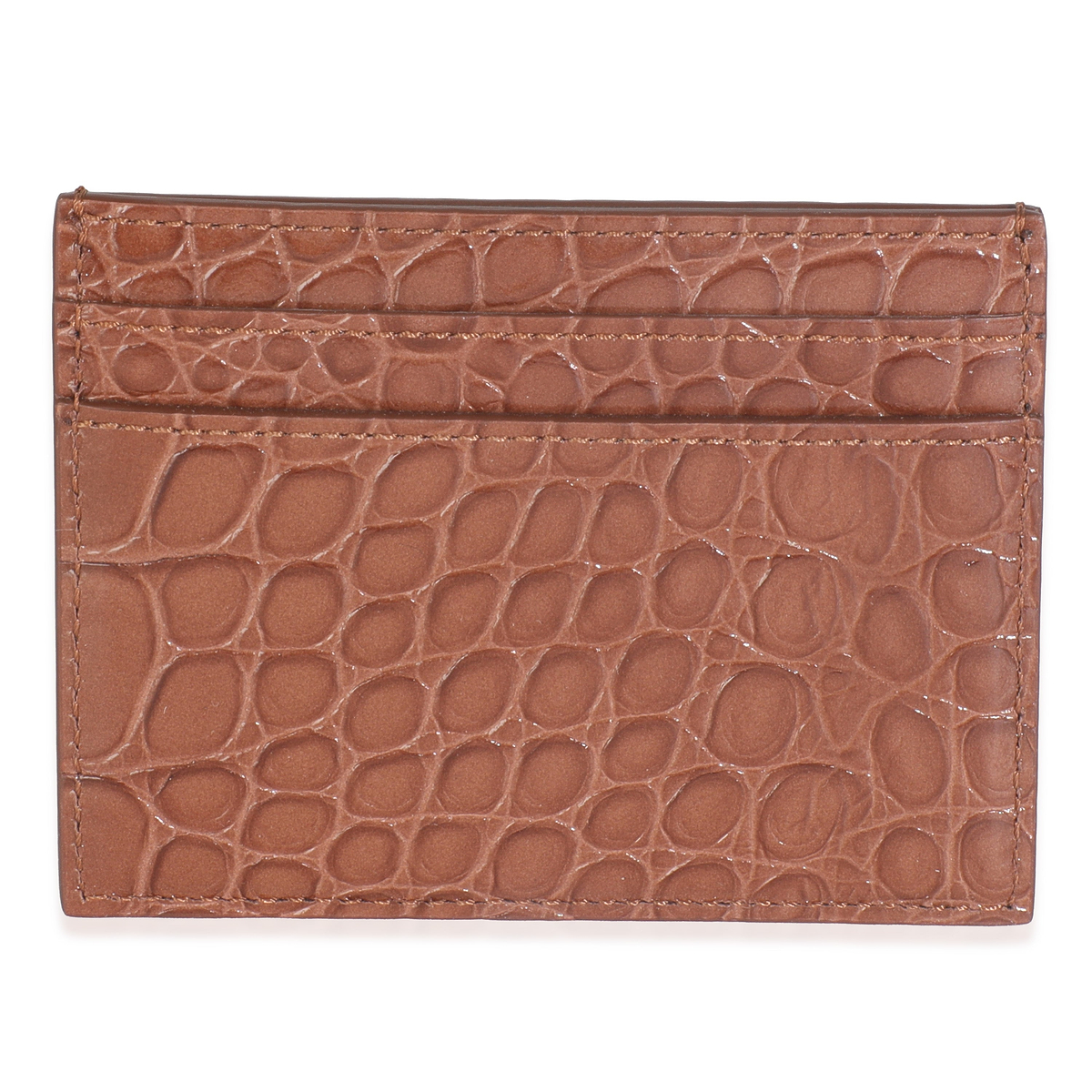 Brown Croc Embossed Calfskin Logo Card Holder