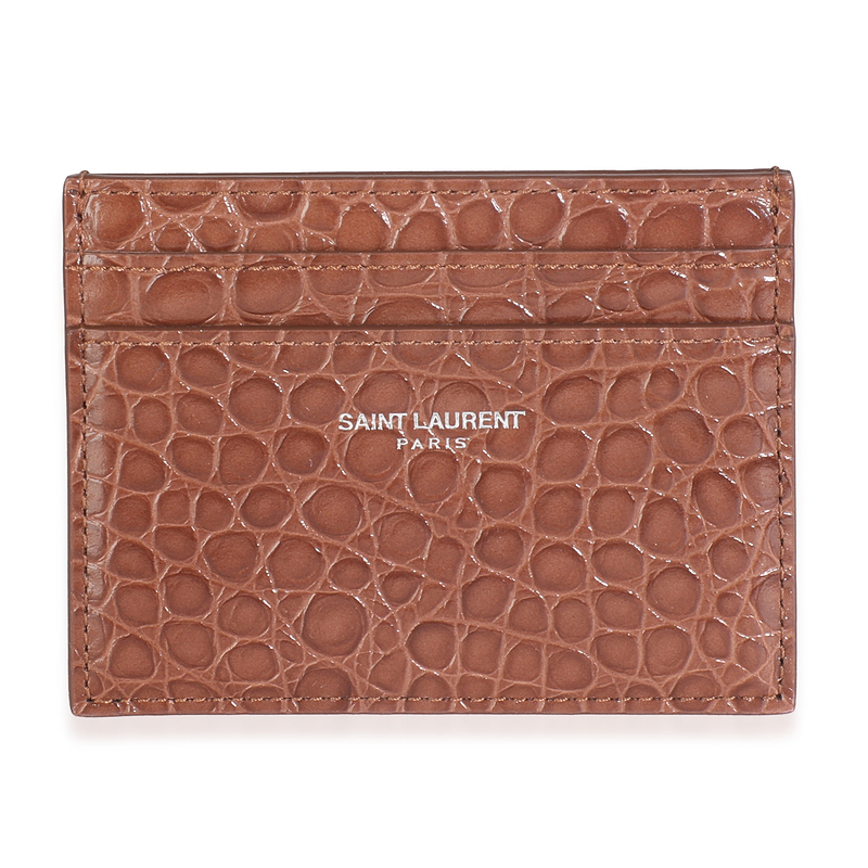 Brown Croc Embossed Calfskin Logo Card Holder