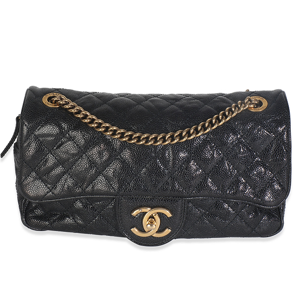 Black Crumpled Grained Calfskin Quilted Medium Shiva Flap Bag